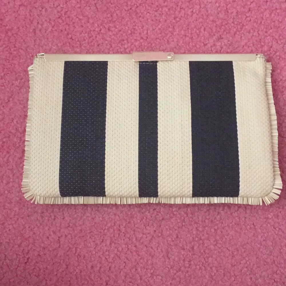 Navy/tan straw, striped clutch with gold details